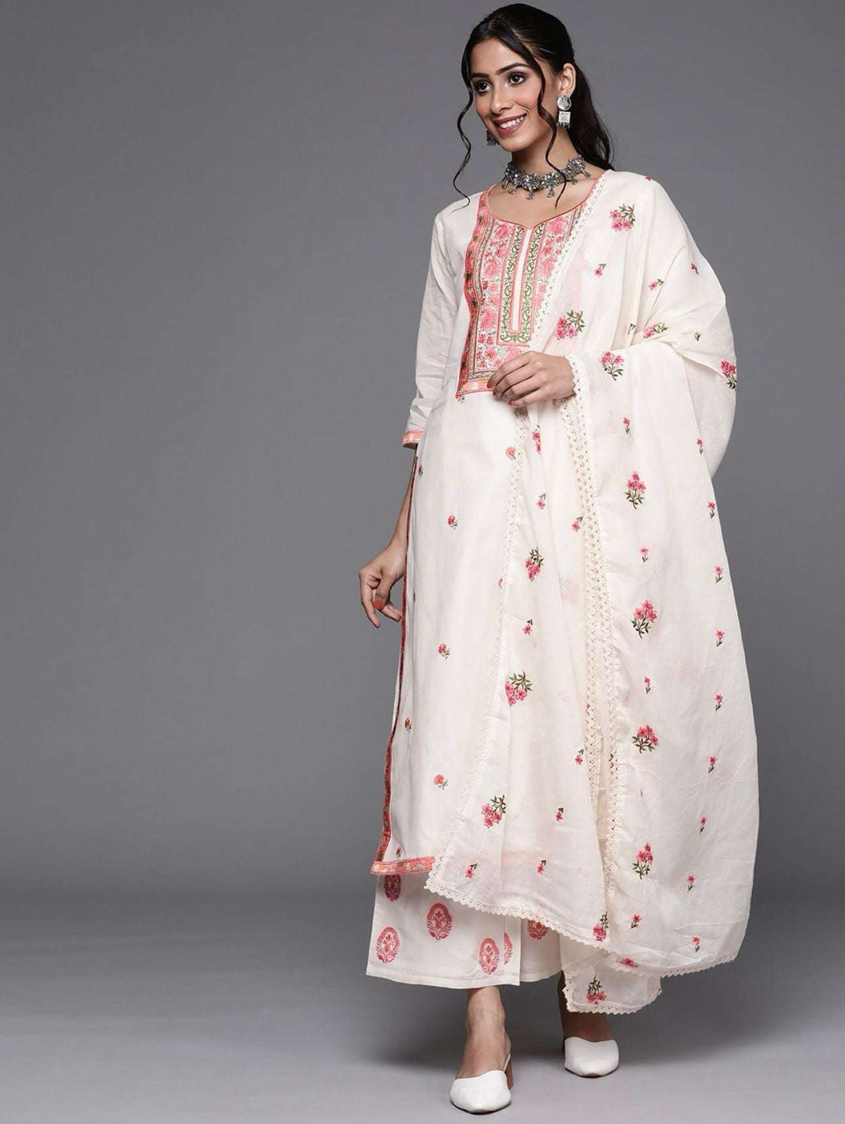 Off White & Pink Cotton Floral Thread Work Kurta with Palazzos & Dupatta