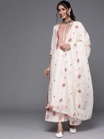 Off White & Pink Cotton Floral Thread Work Kurta with Palazzos & Dupatta