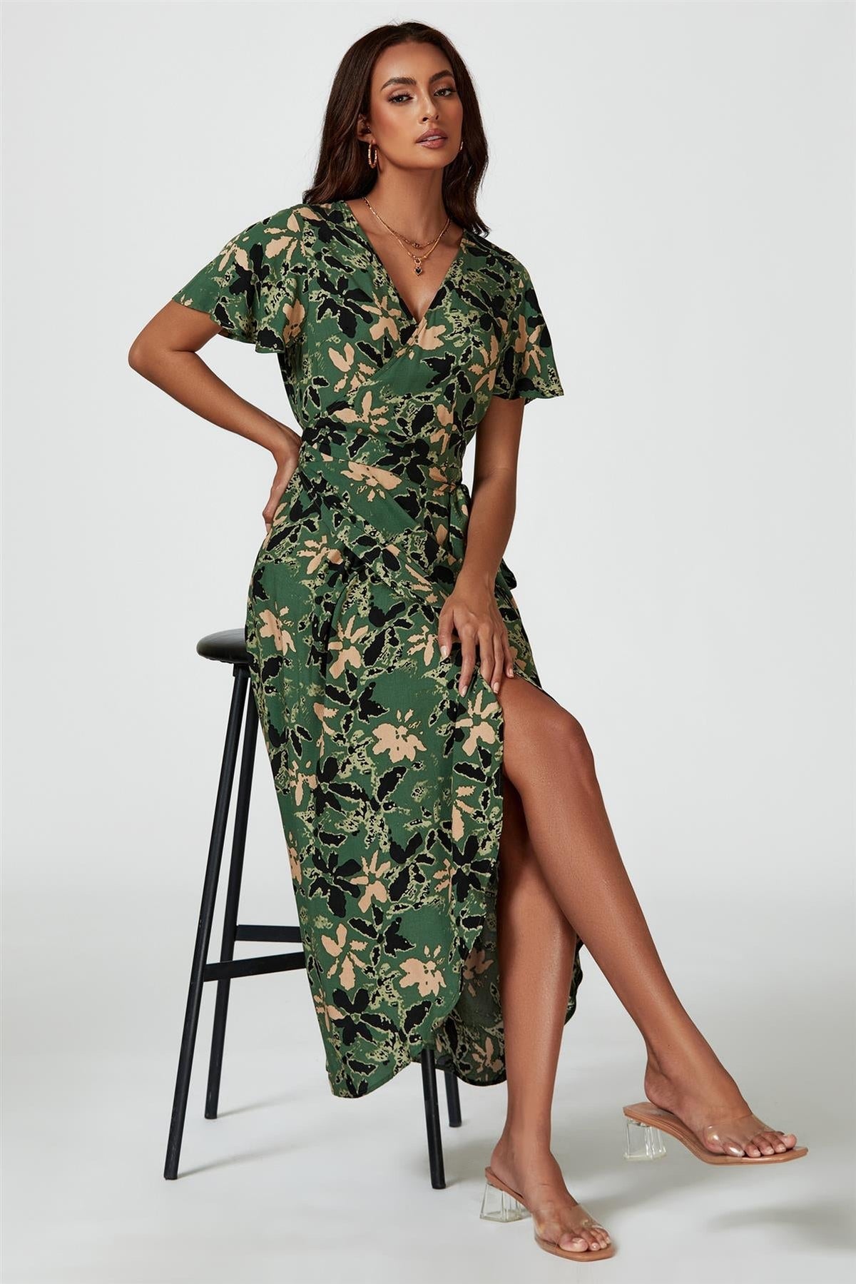 Abstract Floral Wrap Maxi Dress In Olive