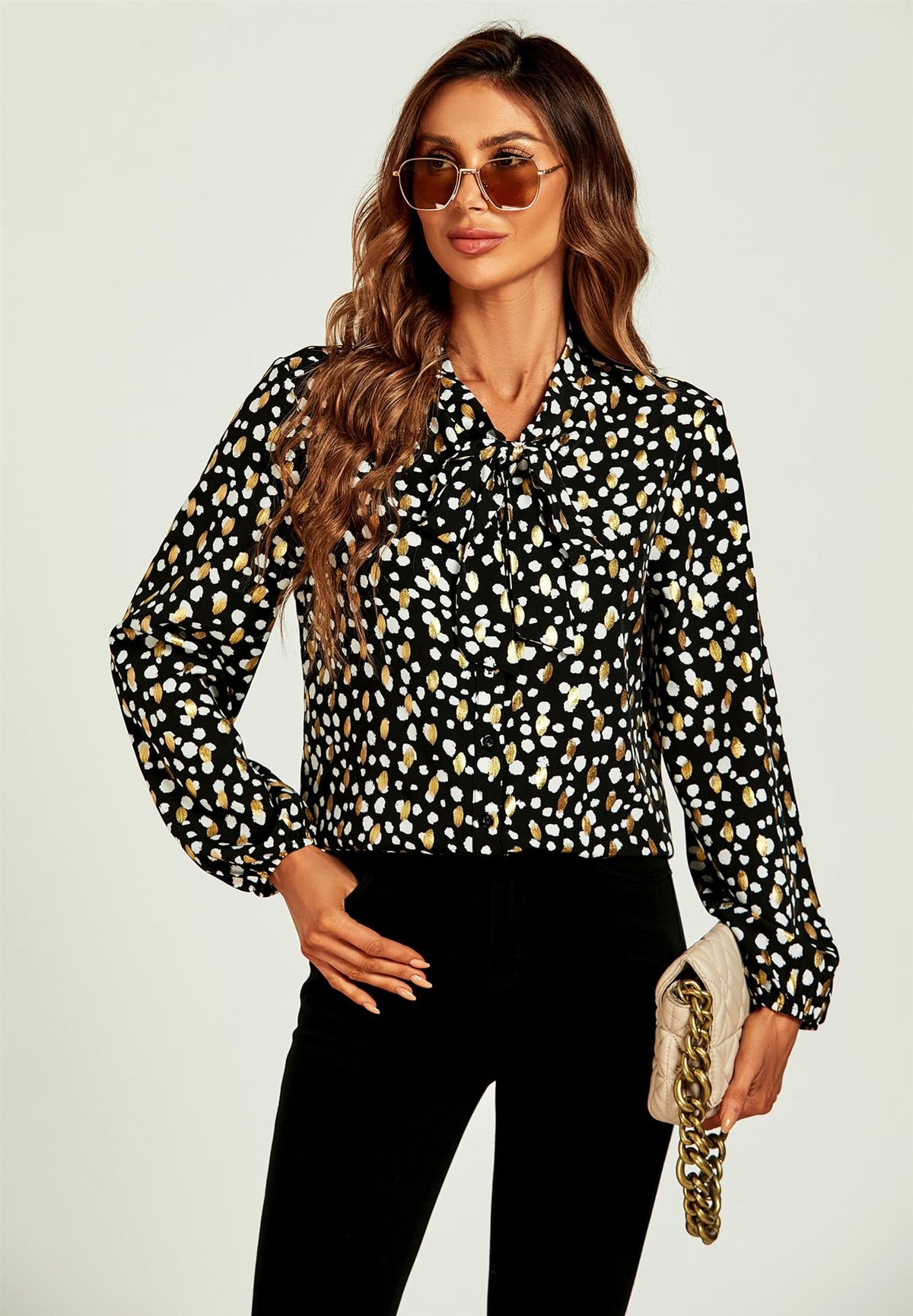 Gold Foil Leopard Print Pussybow Blouse/Top In Black