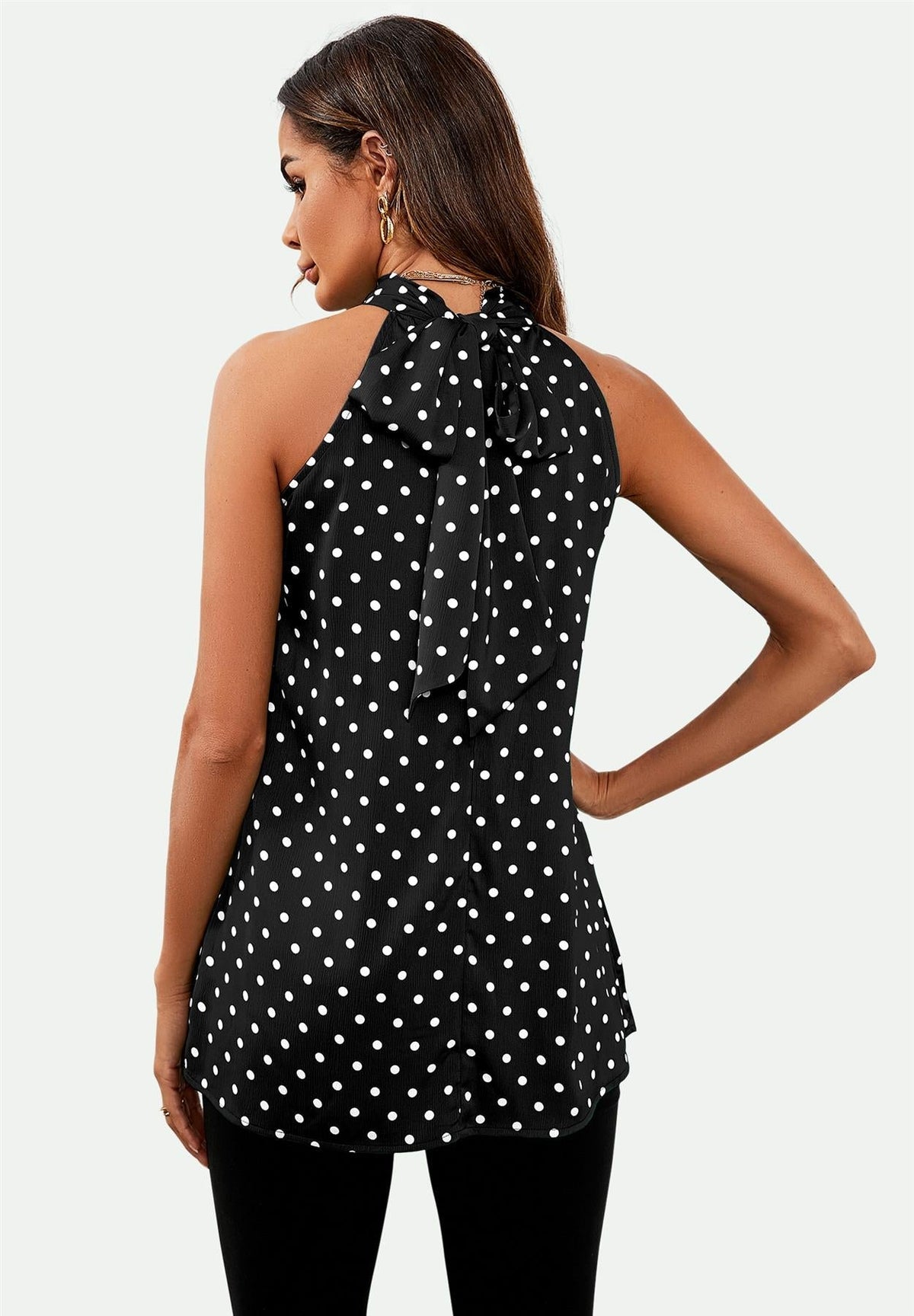 Polka Dot Print Halter Neck Tie Back Top In Black