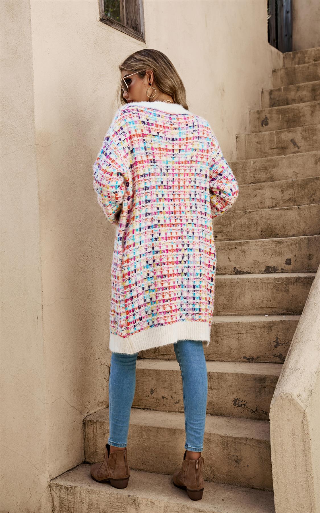 Cream Boucle Check Cardigan In Rainbow Multicolour Speckles