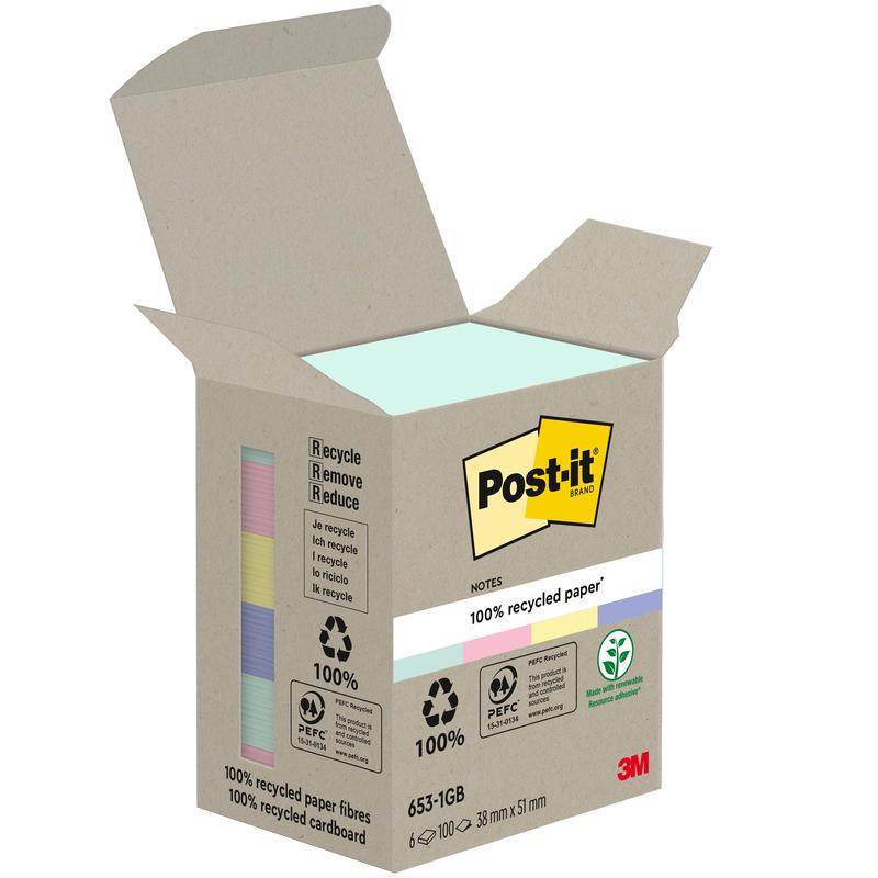 Post-it® Recycling Notes, 38 mm x 51 mm, 100 Blatt/Block, 100% PEFC