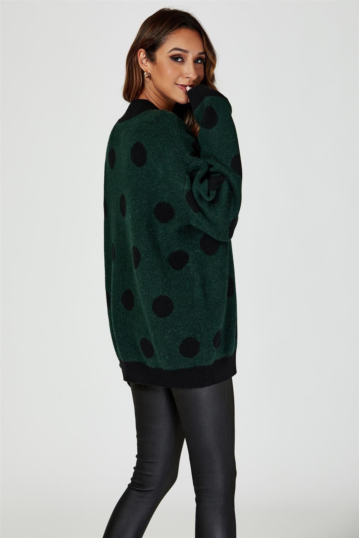Wool Blended V Neck Jumper In Green & Black Polka Dot