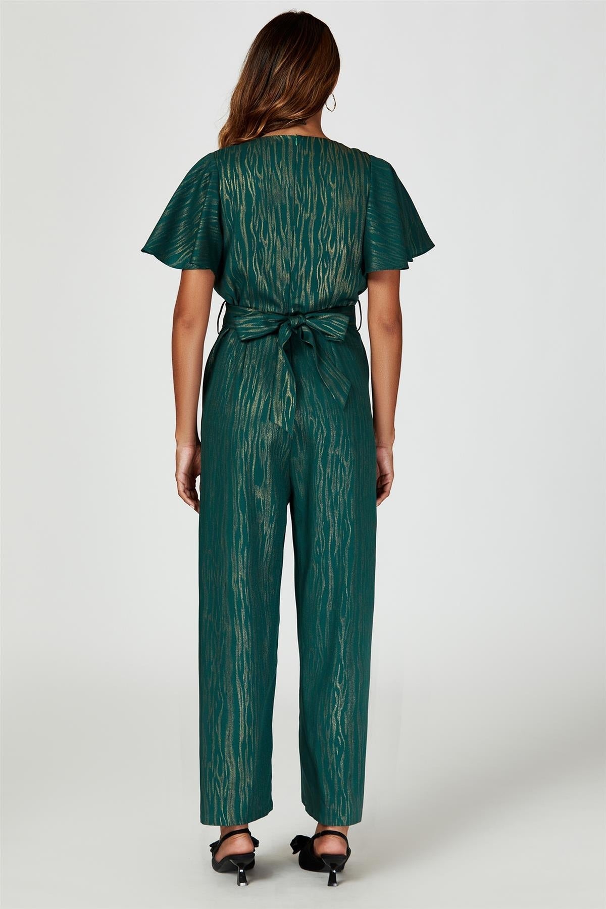 Gold Foil Print Wrap Top Jumpsuit In Green