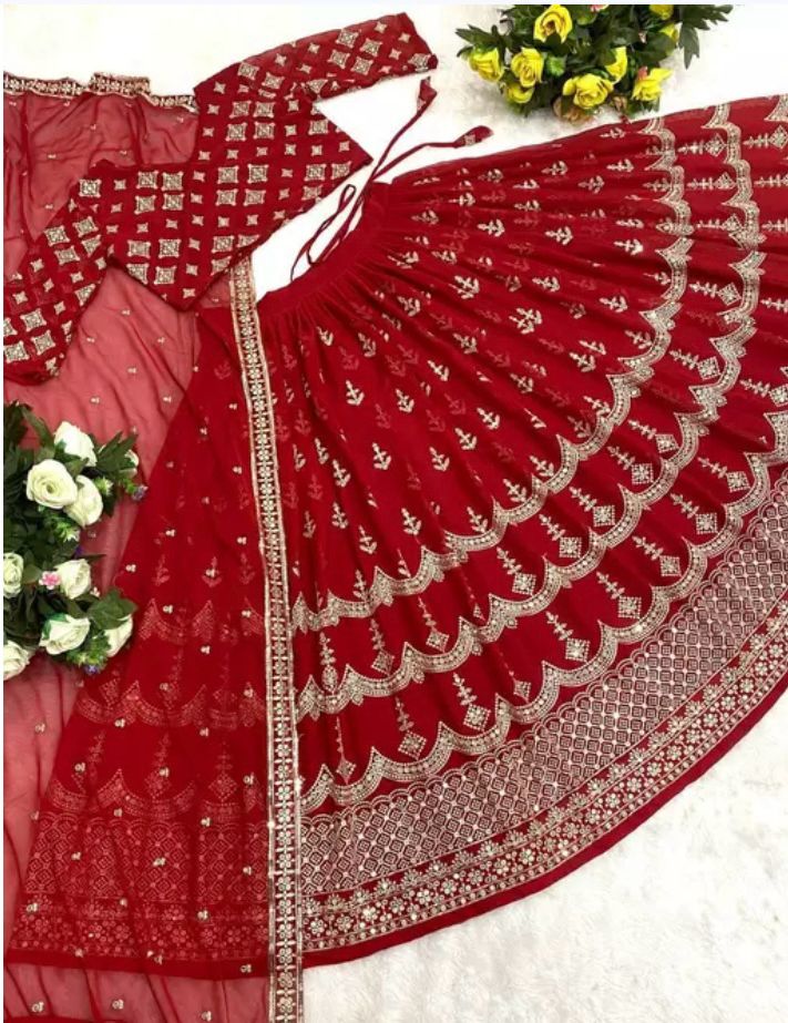 Fully Embroidered Red Lehenga Choli &amp; Dupatta Set