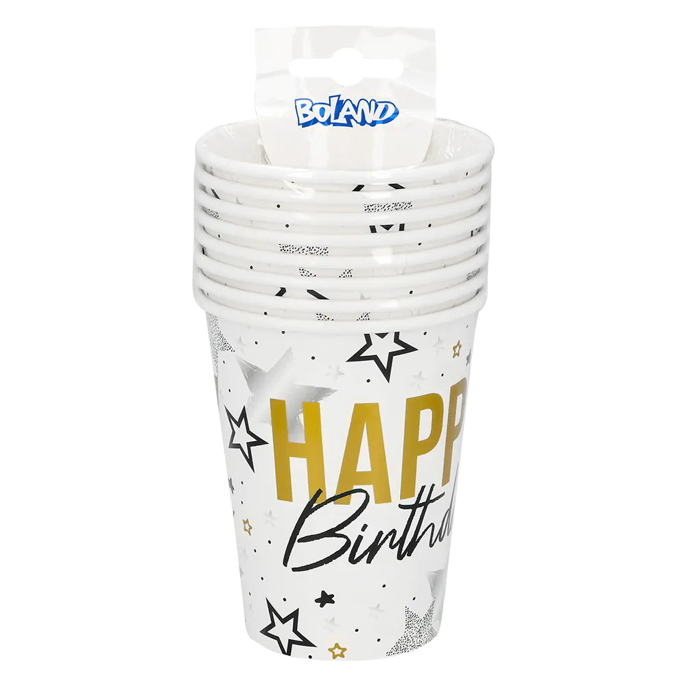 "Happy Birthday" Gold Schwarz | 8 Pappbecher 250 ml