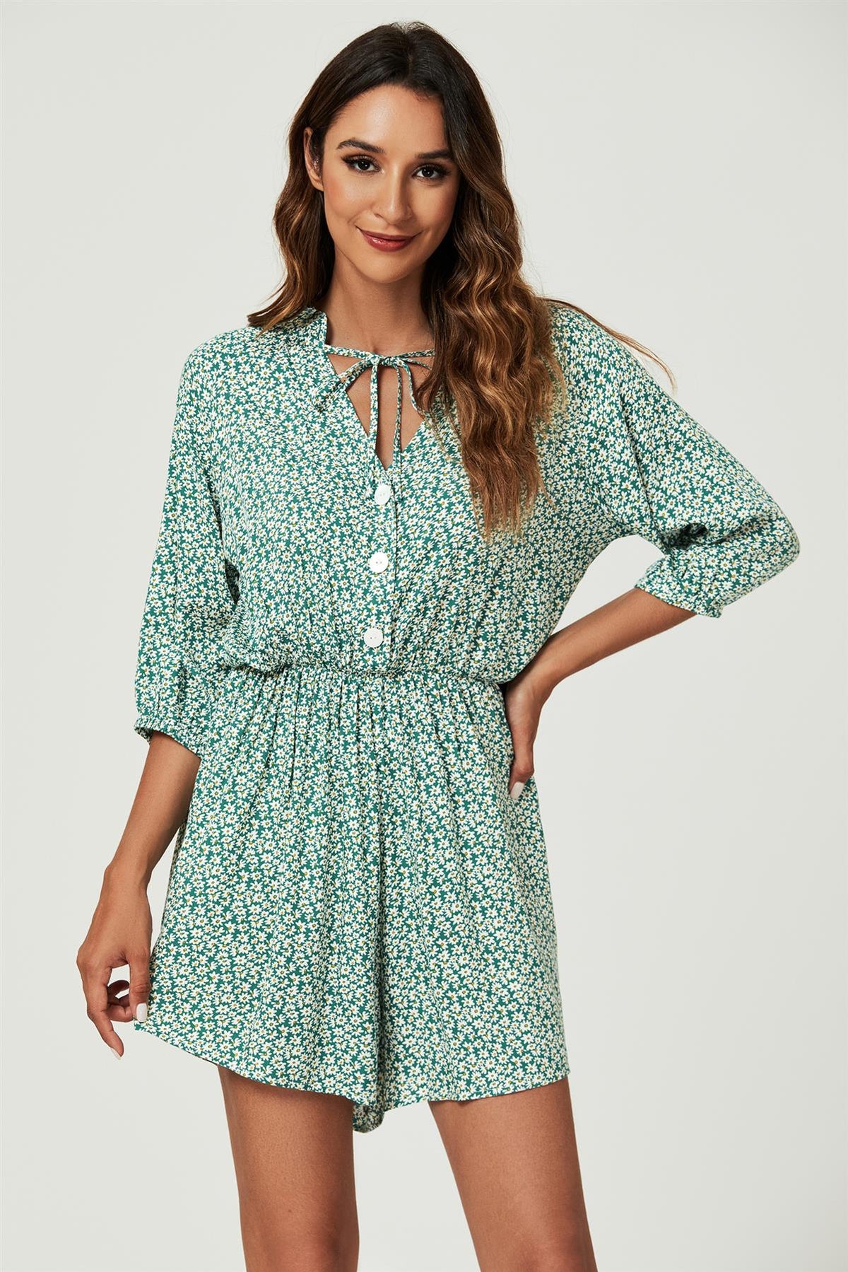 Daisy Floral Print Boho Playsuit With Buttons In Green
