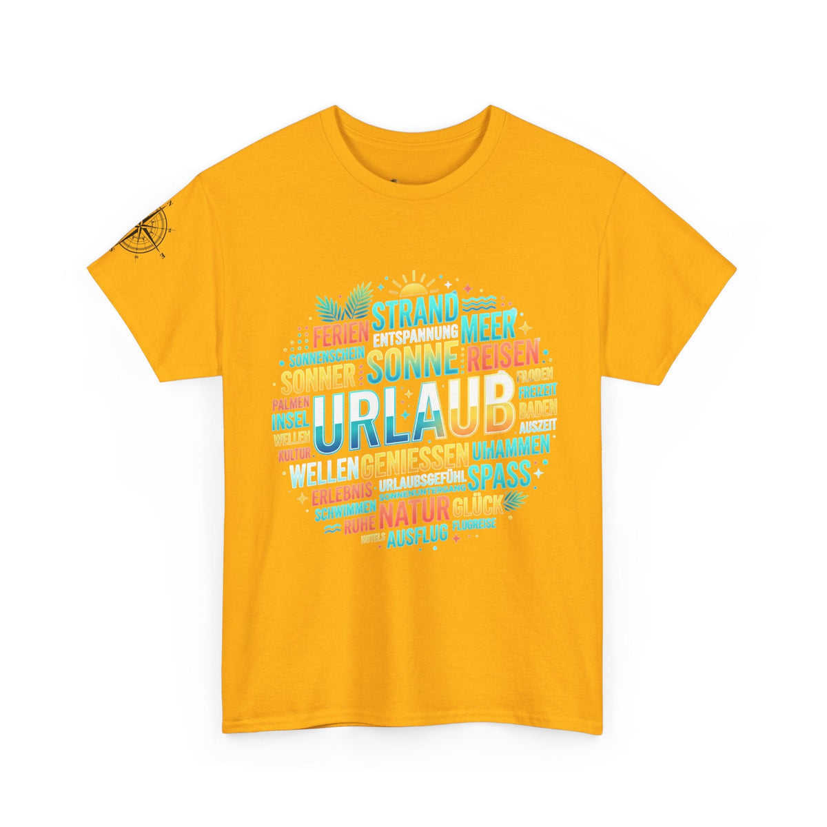 Strandurlaub T-Shirt – Retro Sonnenuntergang mit Palmen & ‚Urlaub‘ Wortwolke
