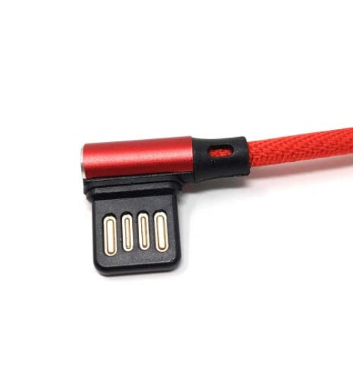 Micro USB Kabel Nylon links gewinkelt auf umkehrbarer USB Schnittstelle Typ A in rot 29 cm | System-S