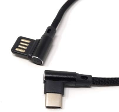 USB Typ C 3.1 Nylon Kabel auf umkehrbarer USB Schnittstelle Typ A 2.0 90° Grad gewinkelt in Schwarz 29 cm | System-S