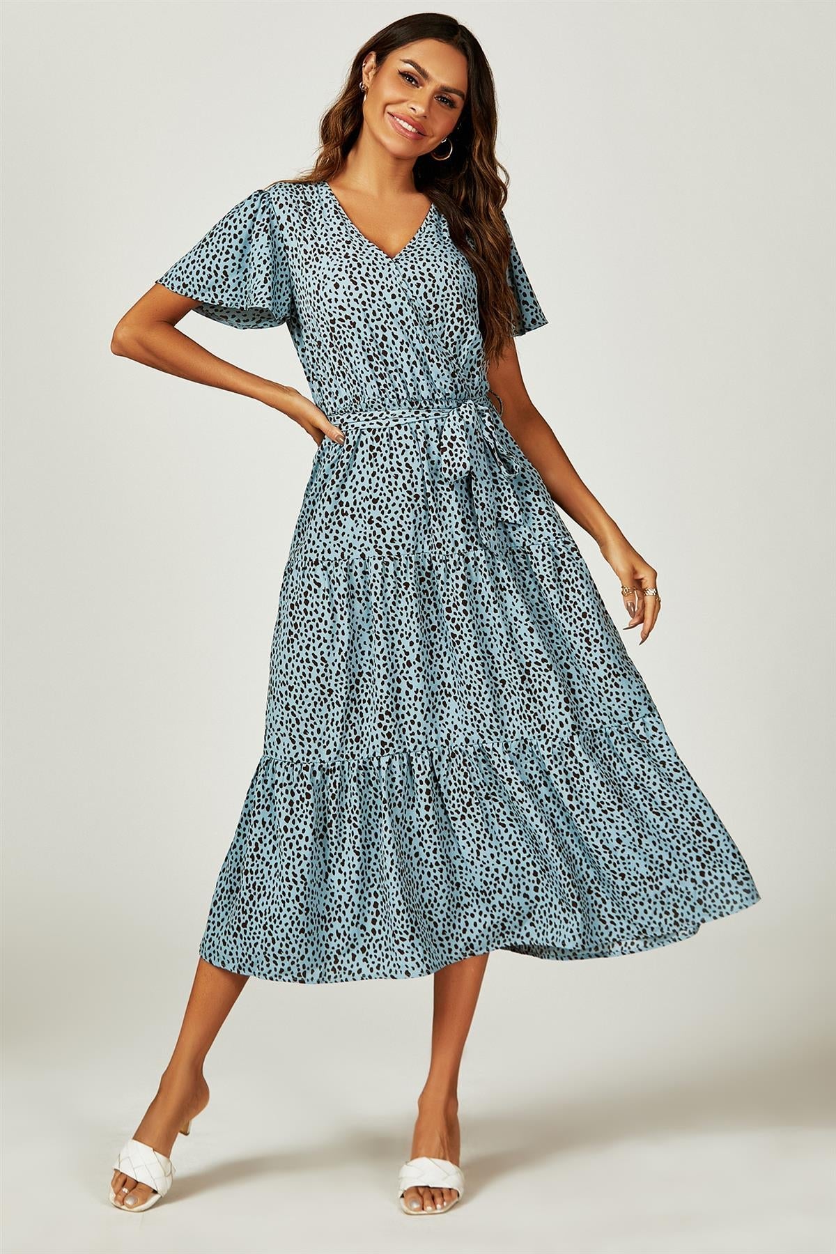Leopard Print Hem Tiered Wrap Midi Dress In Blue