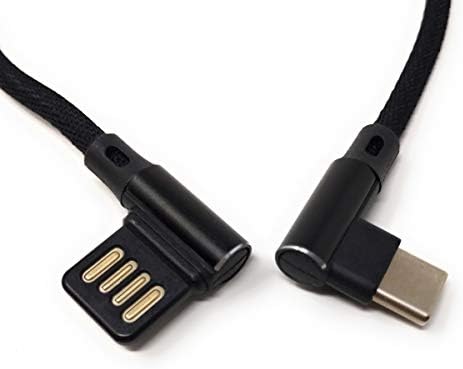 USB Typ C 3.1 Nylon Kabel auf umkehrbarer USB Schnittstelle Typ A 2.0 90° Grad gewinkelt in Schwarz 29 cm | System-S