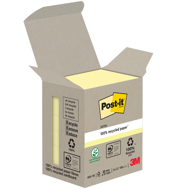 Post-it® Recycling Notes, 38 mm x 51 mm, 100 Blatt/Block, 100% PEFC