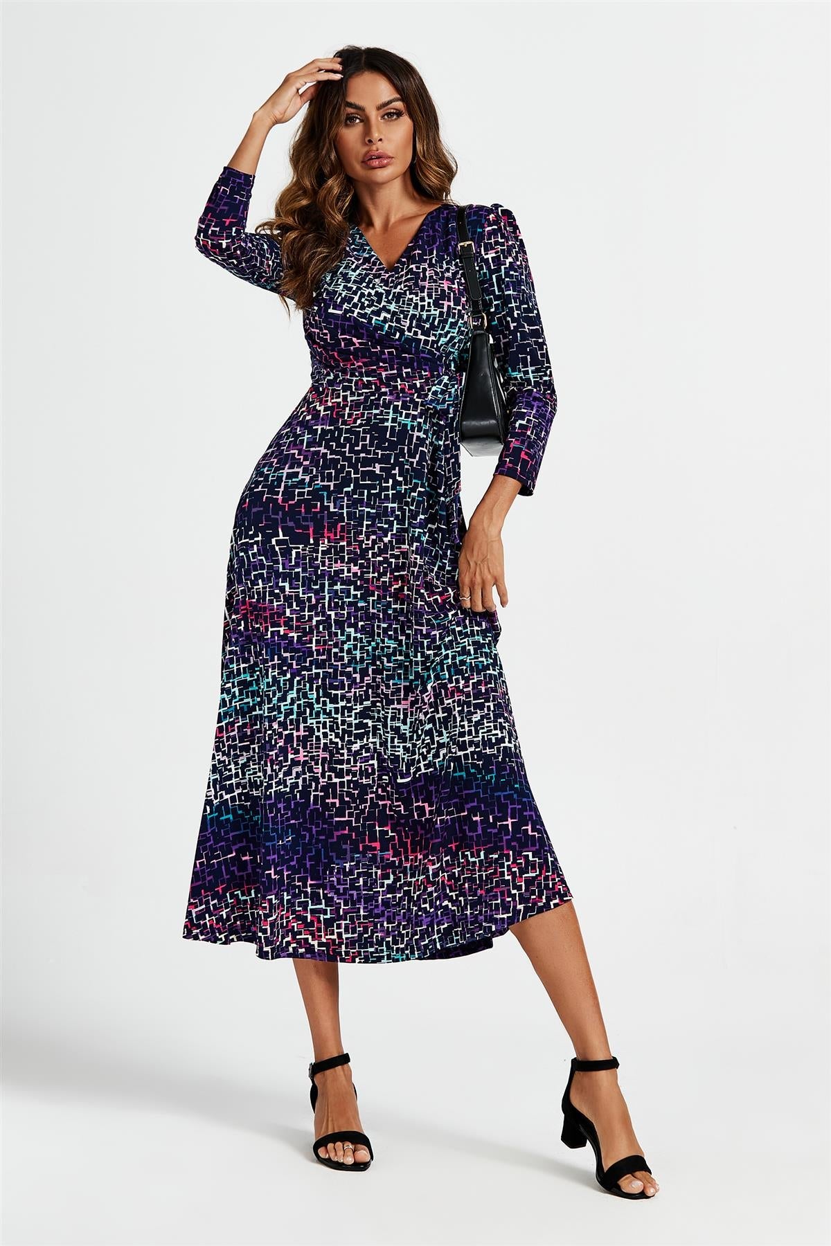 Geometric Print Wrap Top Midi Dress In Navy