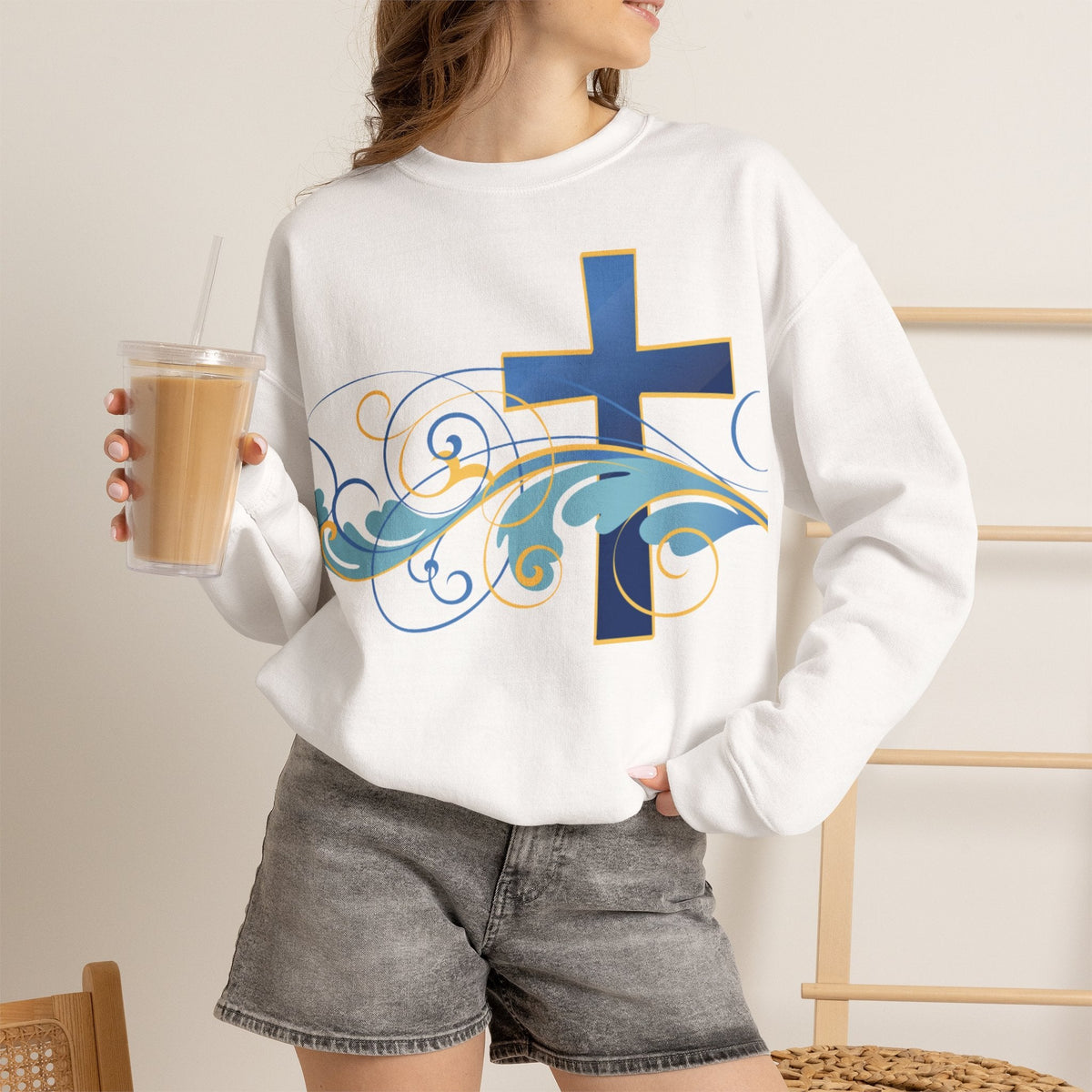 ESTID Unisex Crewneck Pullover | Blaues Kreuz & Wellen-Ornament