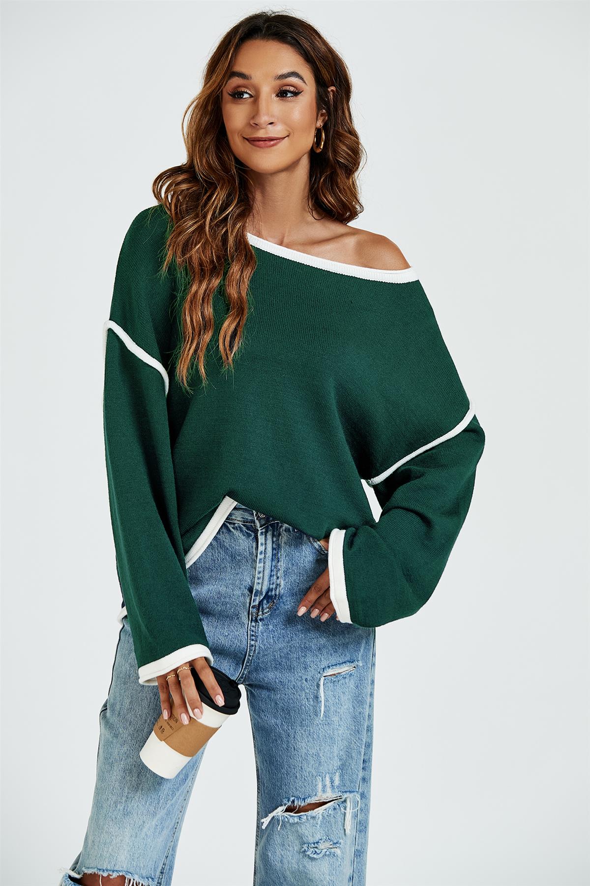 White Striped Oversized Jumper Top In Dark Green