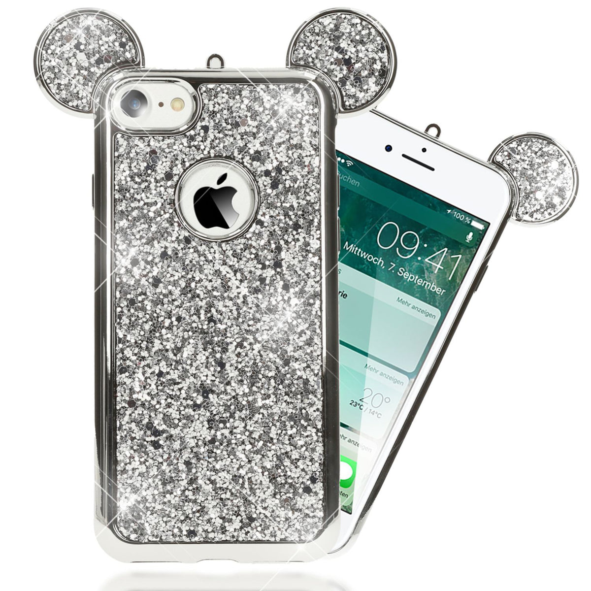 NALIA Handyhülle kompatibel mit iPhone 7, Glitzer Slim Back-Cover Case mit Maus Ohren, Glitter Silikon Hülle Schutzhülle Dünn, Strass Bling Etui Handy-Tasche Smart-Phone Bumper