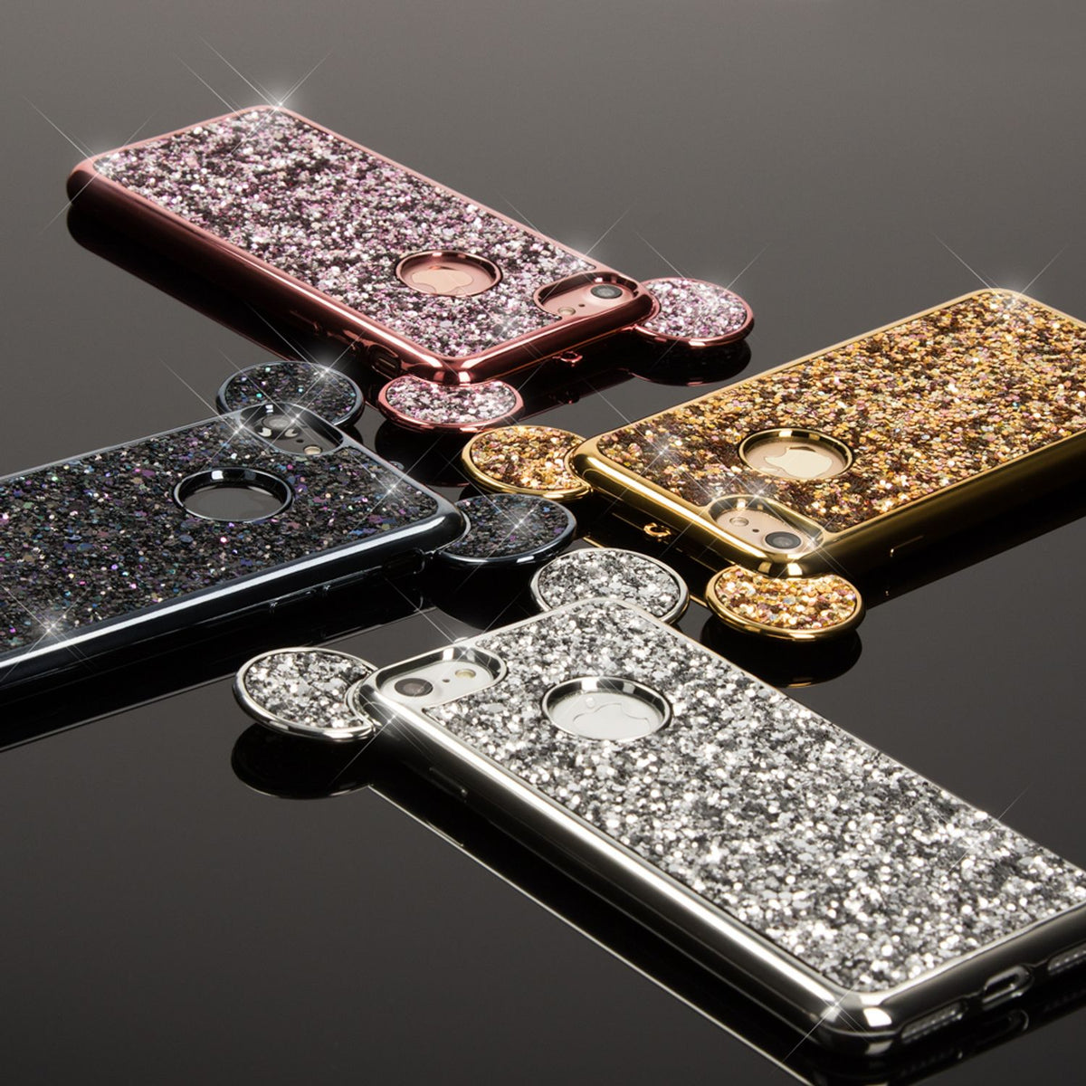 NALIA Handyhülle kompatibel mit iPhone 7, Glitzer Slim Back-Cover Case mit Maus Ohren, Glitter Silikon Hülle Schutzhülle Dünn, Strass Bling Etui Handy-Tasche Smart-Phone Bumper