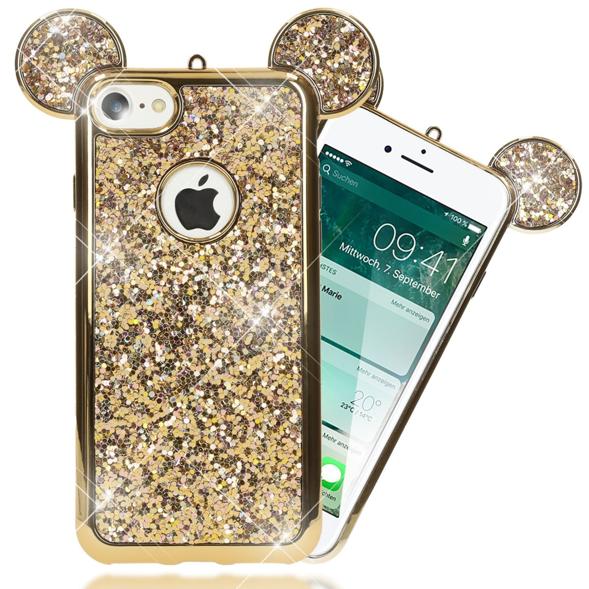 NALIA Handyhülle kompatibel mit iPhone 7, Glitzer Slim Back-Cover Case mit Maus Ohren, Glitter Silikon Hülle Schutzhülle Dünn, Strass Bling Etui Handy-Tasche Smart-Phone Bumper