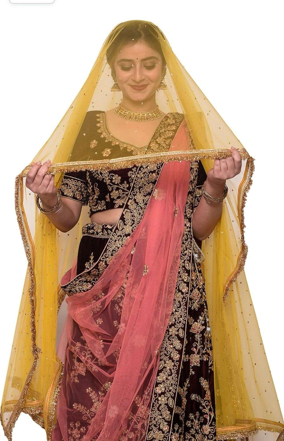 Women's net stone work shimmer lace dupatta