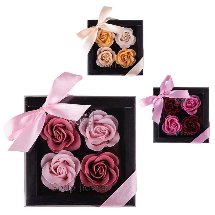 Baderosen Geschenkbox mit 4 x 4g » Badekonfetti | Seifenrosen in dunkler Geschenkverpackung mit Schleife | Rosen Duft