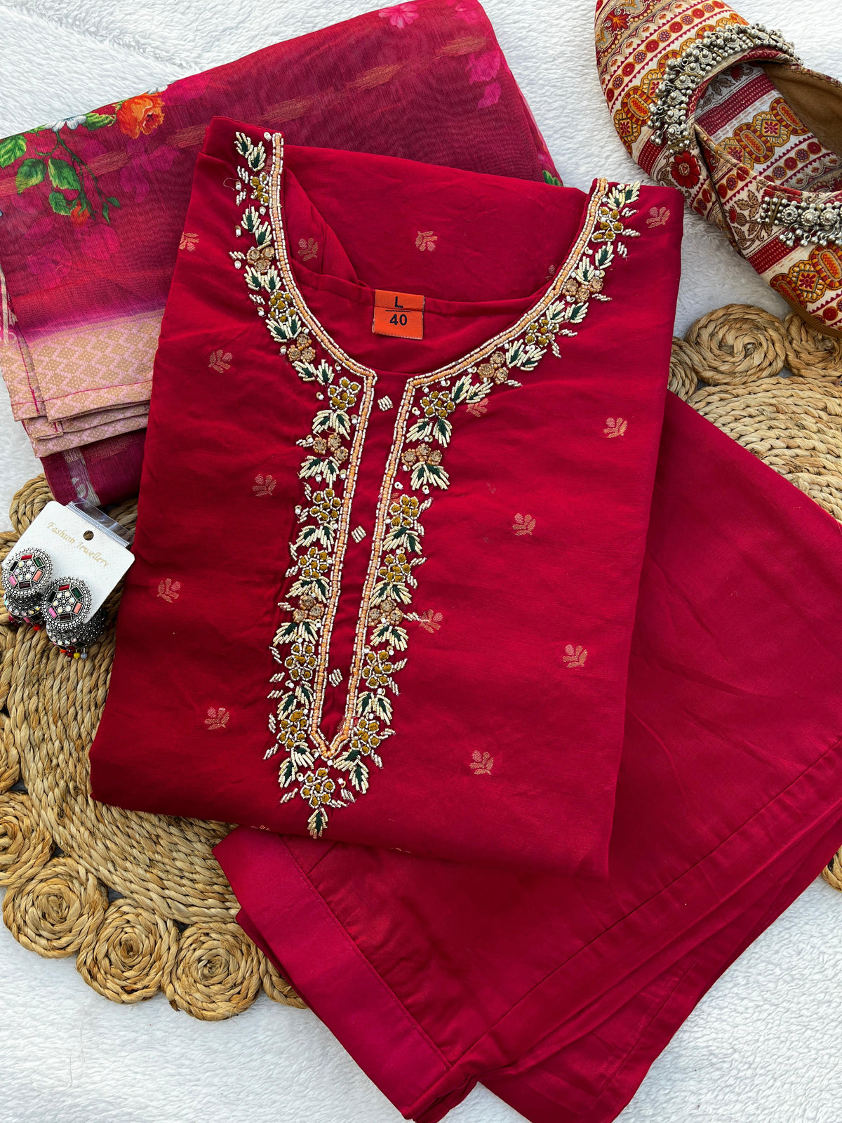 Handwork  Banarasi Jacquard Silk Kurta Dupatta Bottom Set