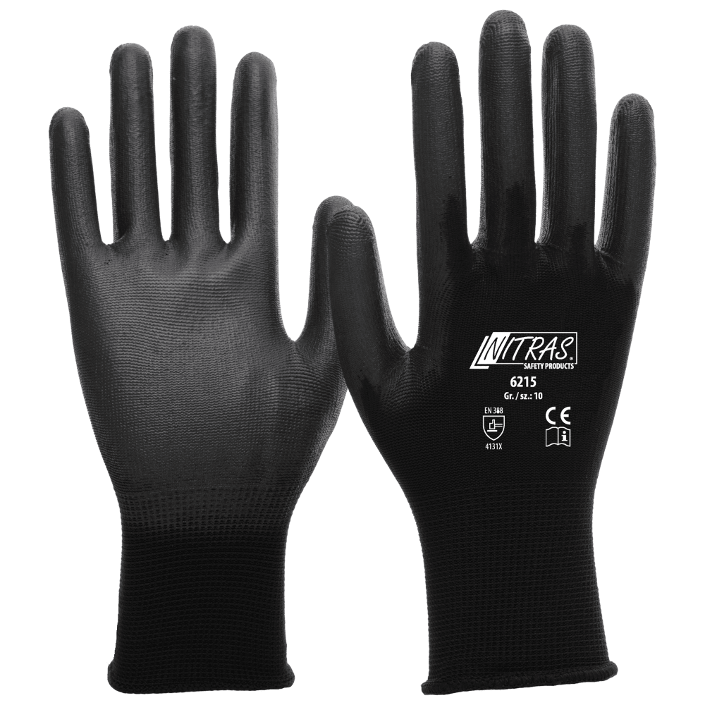 NITRAS Nylonhandschuhe, schwarz, PU-beschichtet, teilbeschichtet