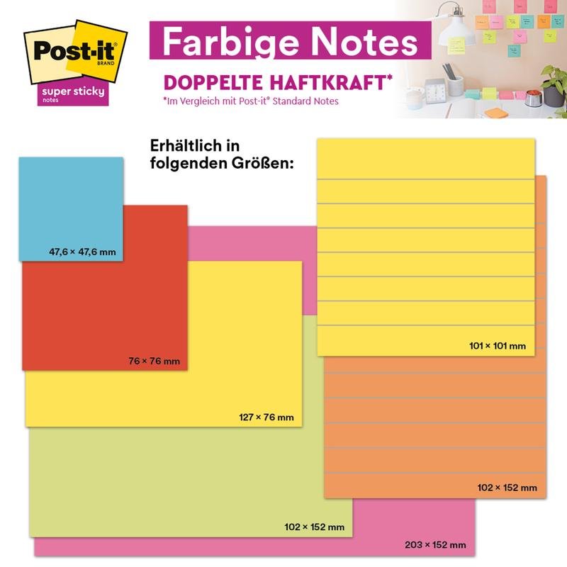 Post-it® Super Sticky Notes, 47,6 mm x 47,6 mm, 90 Blatt/Block, 100% PEFC
