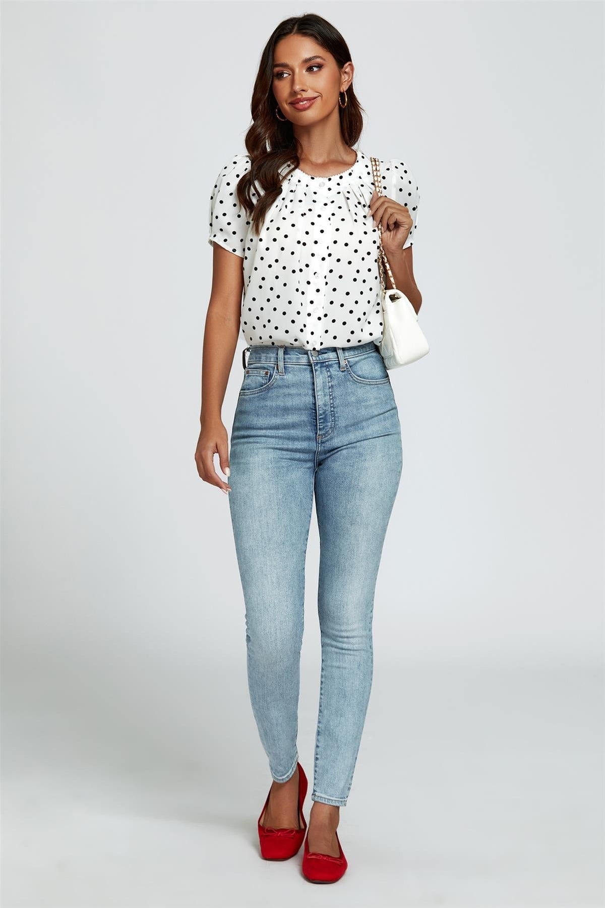Dot Print Short Sleeves Top In White