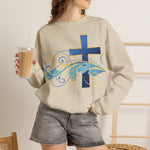 ESTID Unisex Crewneck Pullover | Blaues Kreuz & Wellen-Ornament