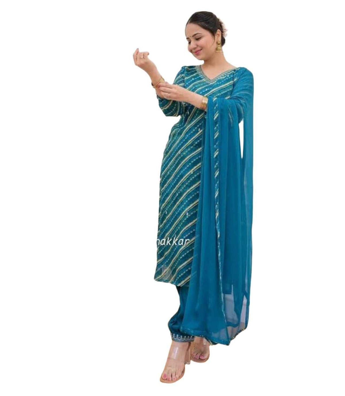 Blue Lehariya Print A-Line Suit Set In Germany