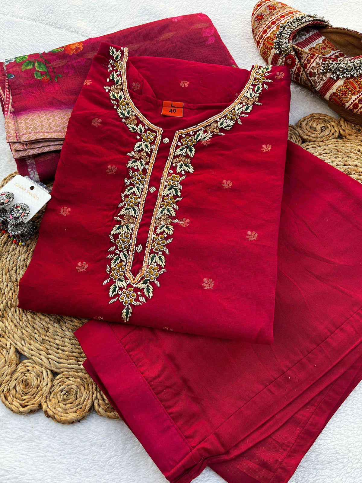 Handwork  Banarasi Jacquard Silk Kurta Dupatta Bottom Set