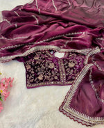 Jimmy Choo Organza Saree with Embroidered Stitched  blouse(Purple)