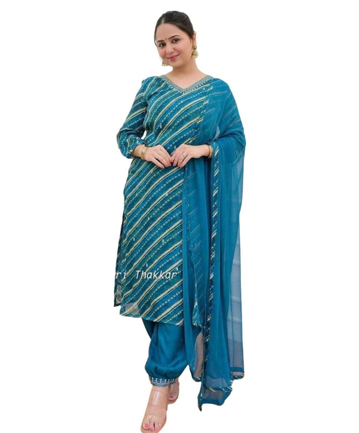 Blue Lehariya Print A-Line Suit Set In Germany