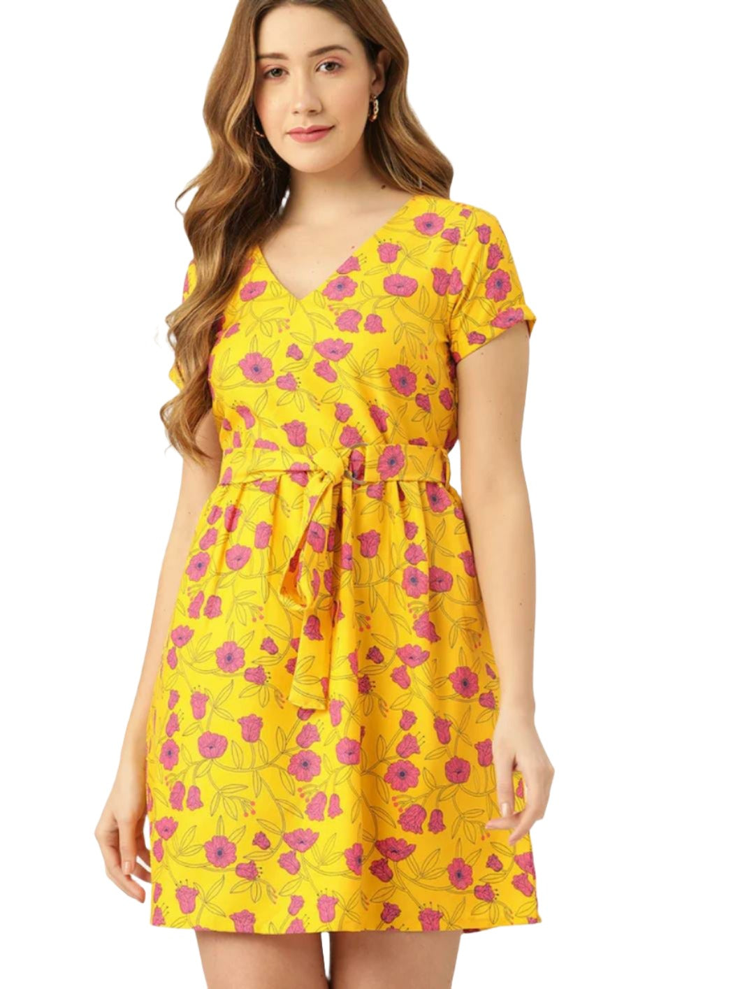 Women Mustard Yellow & Pink Floral Printed A-Line Dress