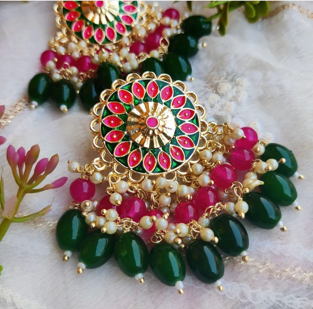Earrings Festive Styling Dark Green & Pink