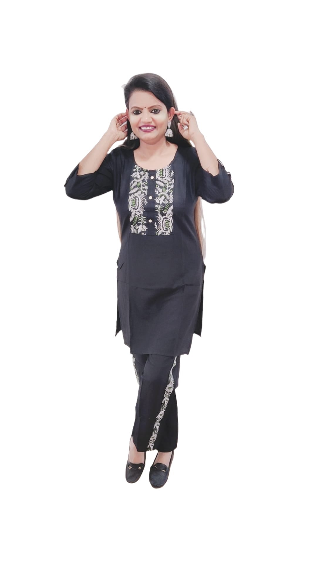 Black Rayon Embroidery Outfit(Kurti + Pant)