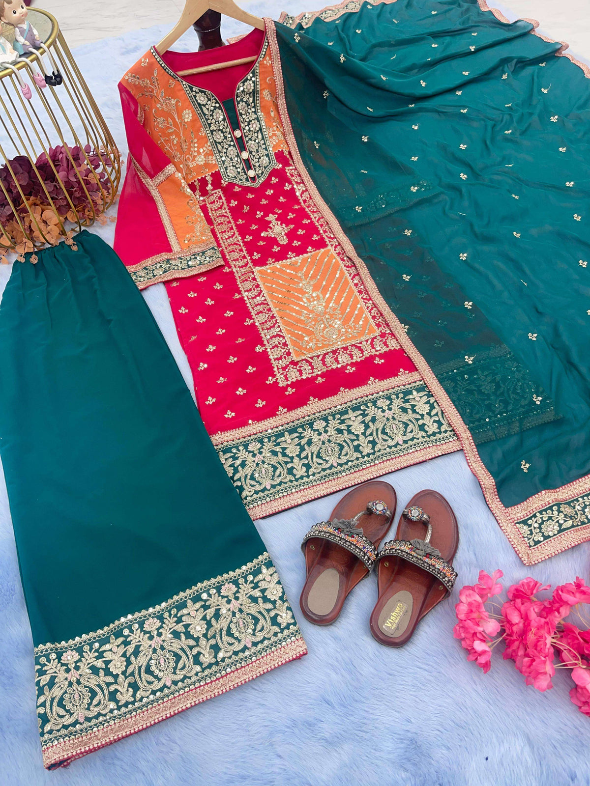 New Đěsigner Party Wear  Suit Look Top Plazzo & Dupatta Set