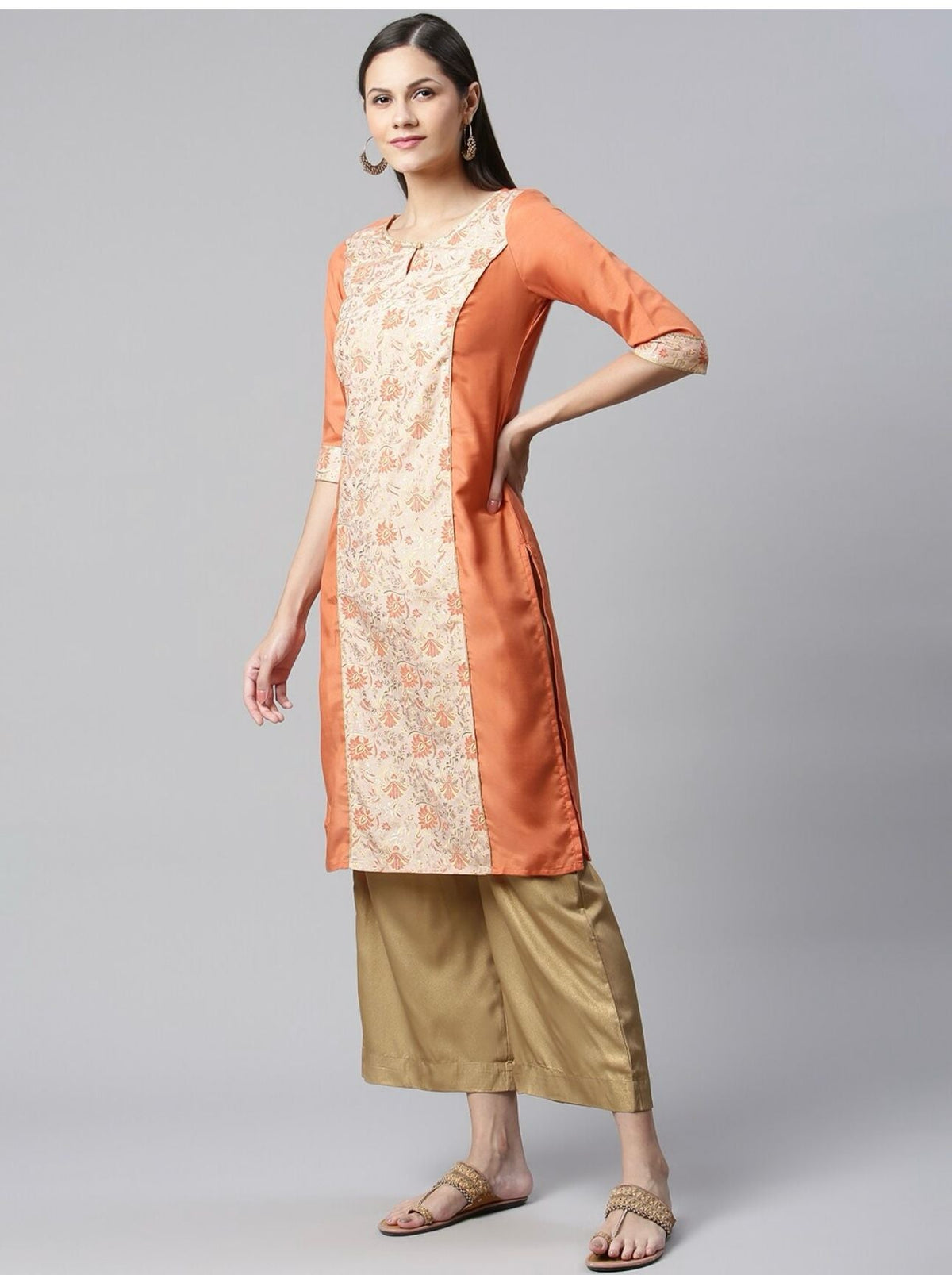 Women Orange & Beige Ethnic Motifs Printed Kurta