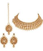 Jewelry Pearl Embedded Multi Layered Kundan Work Necklace Set with Maang Tiks for Women and Girls
