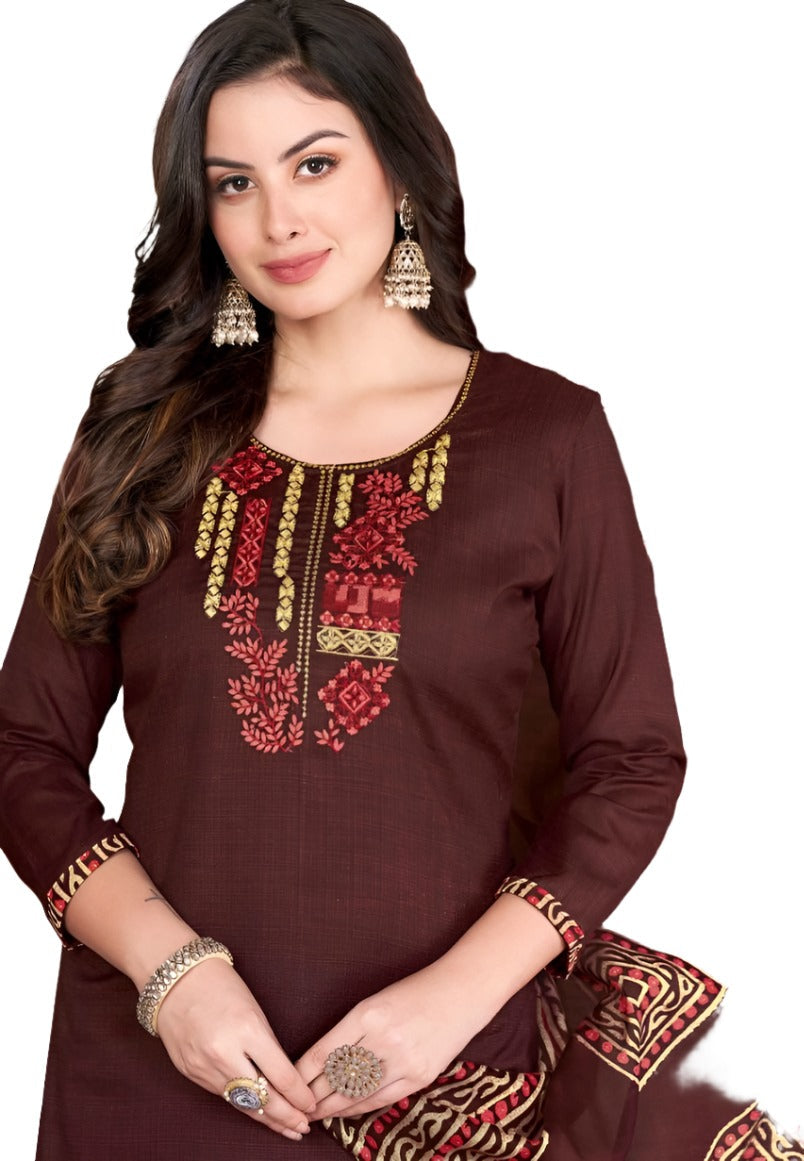 Women  Printed Thread Work Pure Cotton Kurta with Patiala & With Dupatta