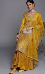 Mustard Embroidered Silk Blend Straight Suit Set(3 Pcs Set)