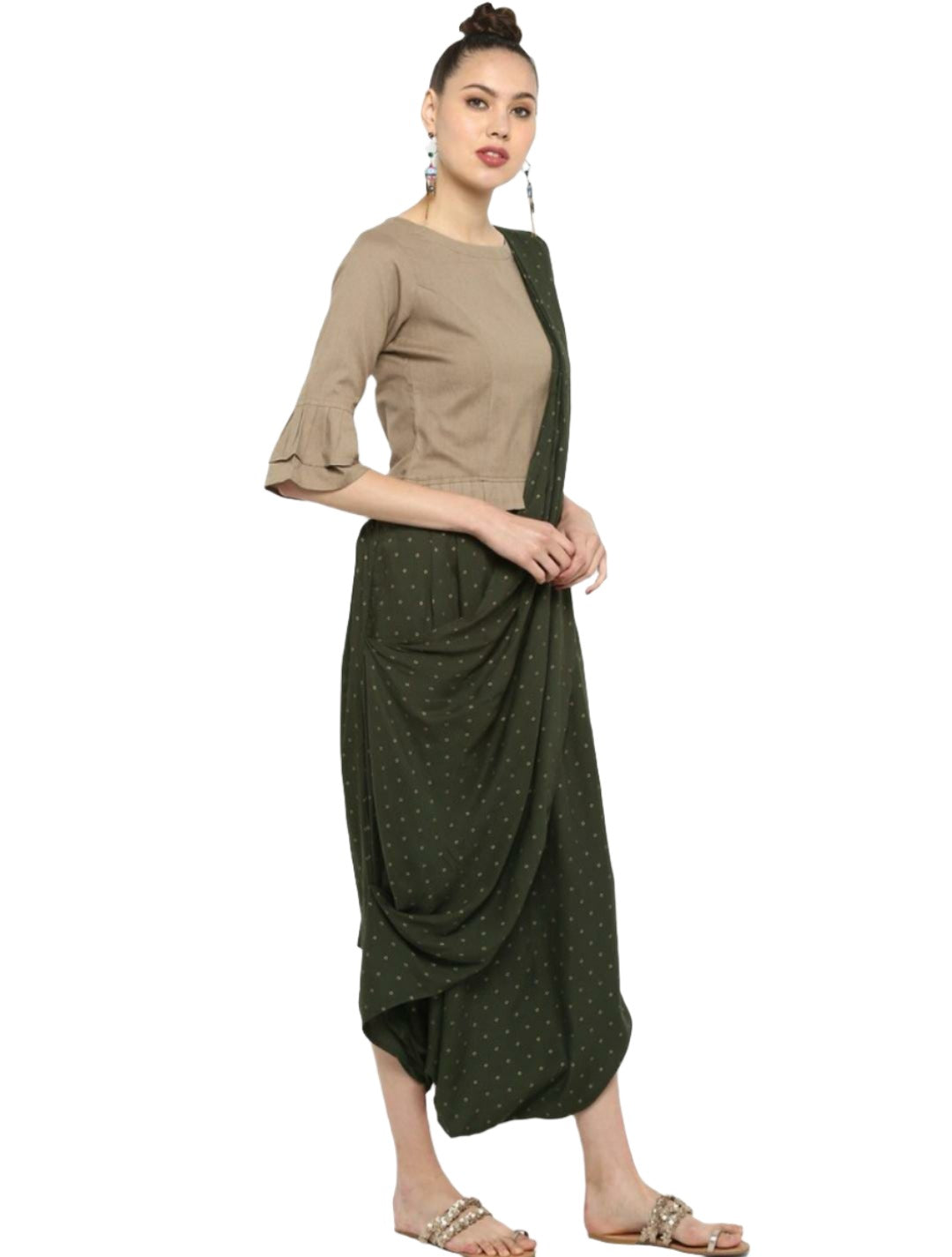 Women Beige Solid Top with Harem Pants & Dupatta