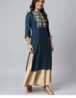 Women Blue & Gold-Toned Yoke Design Thread Work Kurta