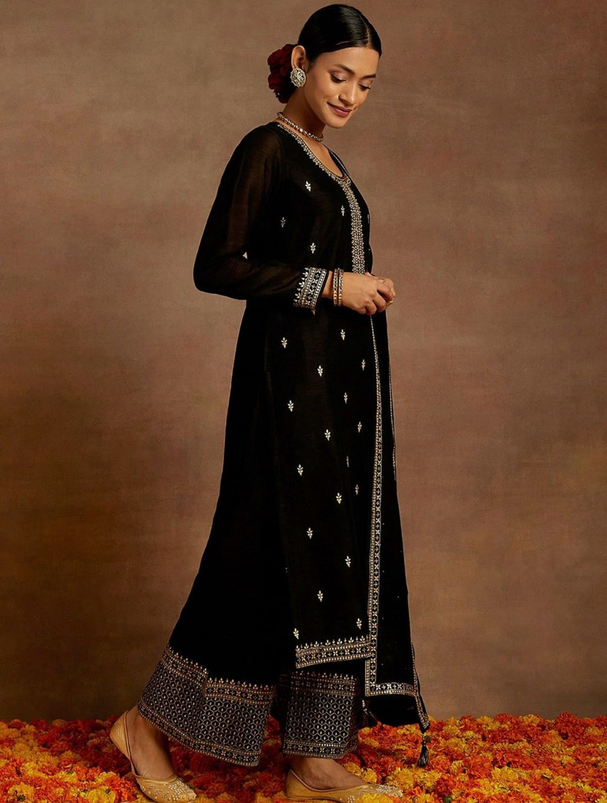 Kurta With Palazzos & Dupatta with Floral Embroidery