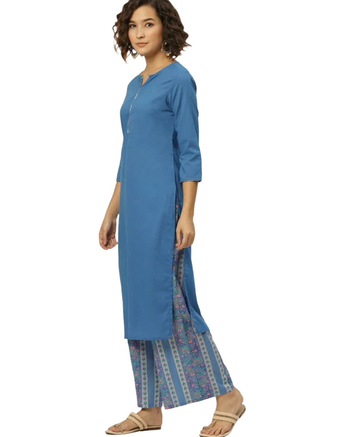 Women Blue & Cream-Coloured Straight Pure Cotton Kurta with Palazzos