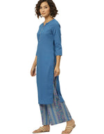 Women Blue & Cream-Coloured Straight Pure Cotton Kurta with Palazzos