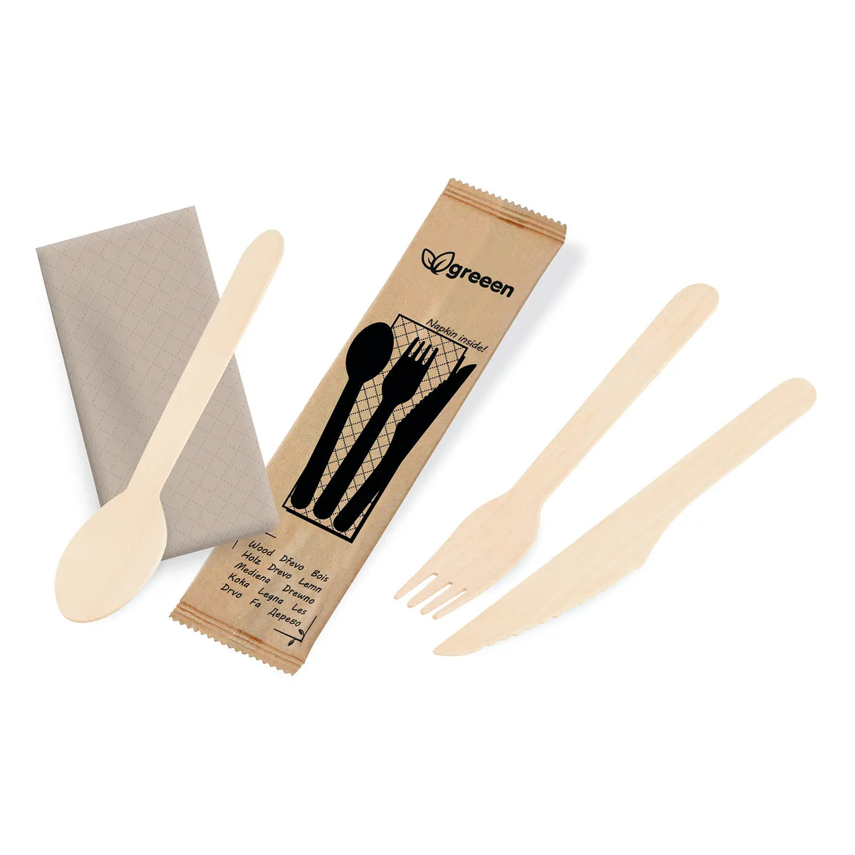 Besteckset (aus Holz FSC 100%) Messer-Gabel-Löffel+Serviette [50 Sets]