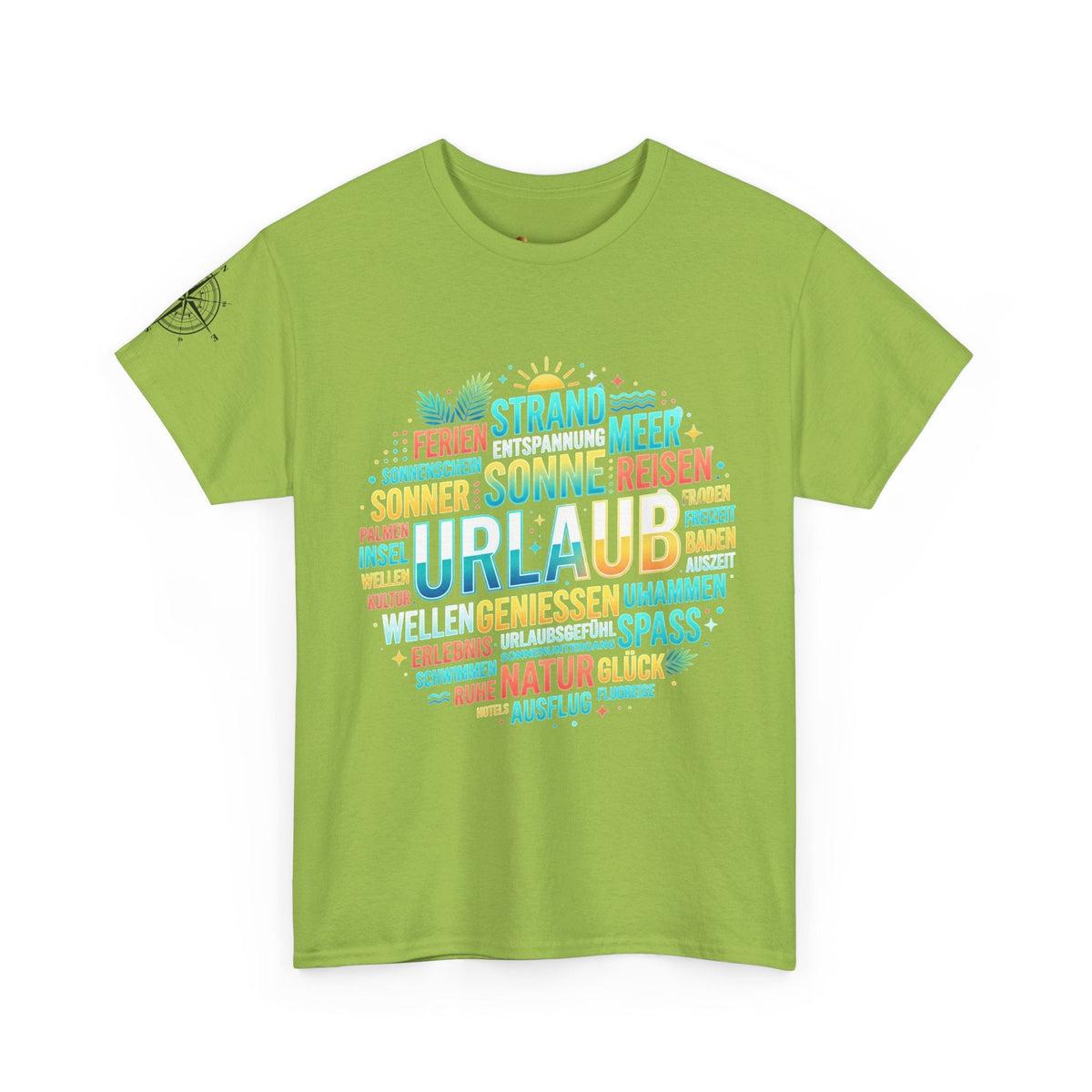 Strandurlaub T-Shirt – Retro Sonnenuntergang mit Palmen & ‚Urlaub‘ Wortwolke